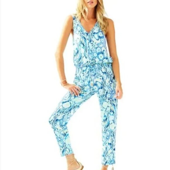 Lilly Pulitzer Paulina Jumpsuit Indigo Sunset Swim Beach Tropical - Picture 1 of 8